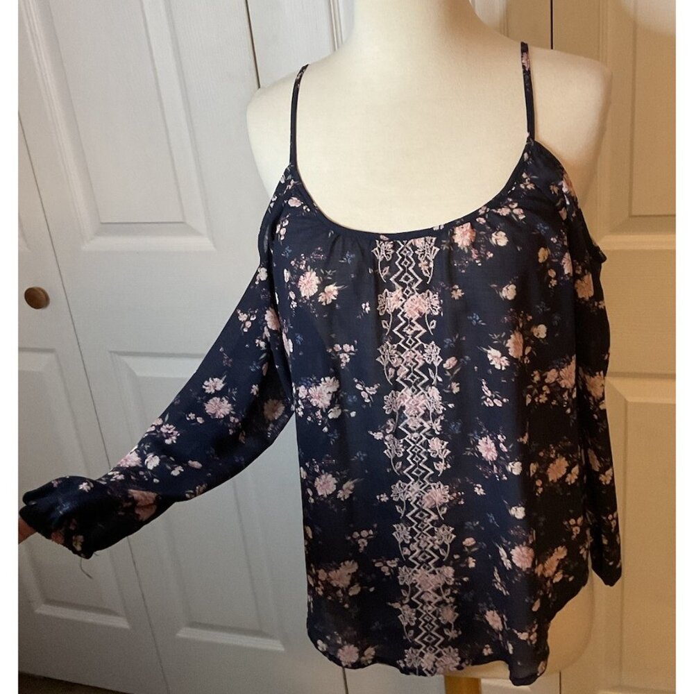 Rewind Navy Floral Cold Shoulder Semi Sheer Top Blouse Romantic Size Medium‎